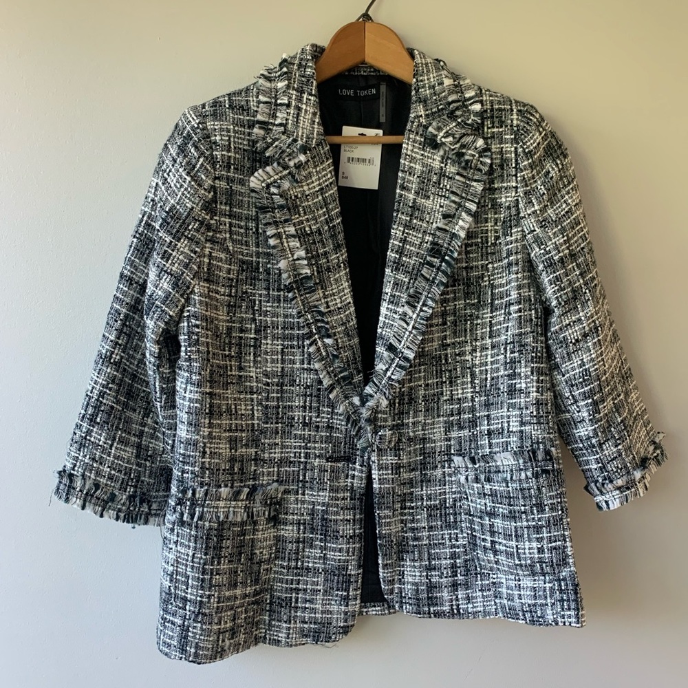 NWT black plaid blazer with frayed edges